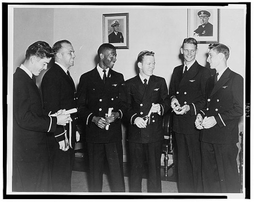 Ensign Jesse Brown with 5 white Navy servicemen